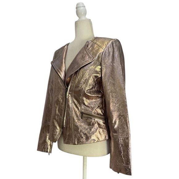 WHBM Metallic Leather Moto Jacket Asymmetric Zip NWT Gold - Picture 8 of 15